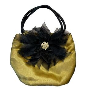 Laila Rowe Mini Gold Satin Evening Bag Snap Closure Black Ribbon & Rhinestone